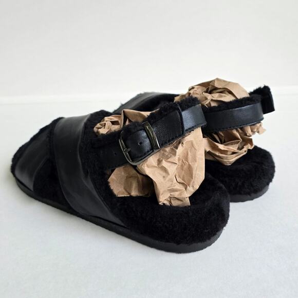 Faux Fur Sandals Seychelles No Such Thing Size 7 Black Leather Slipper Slingback - Picture 5 of 13